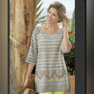 Soft Surroundings Artiste Tunic Top Striped Embroidered Beaded Gray Medium